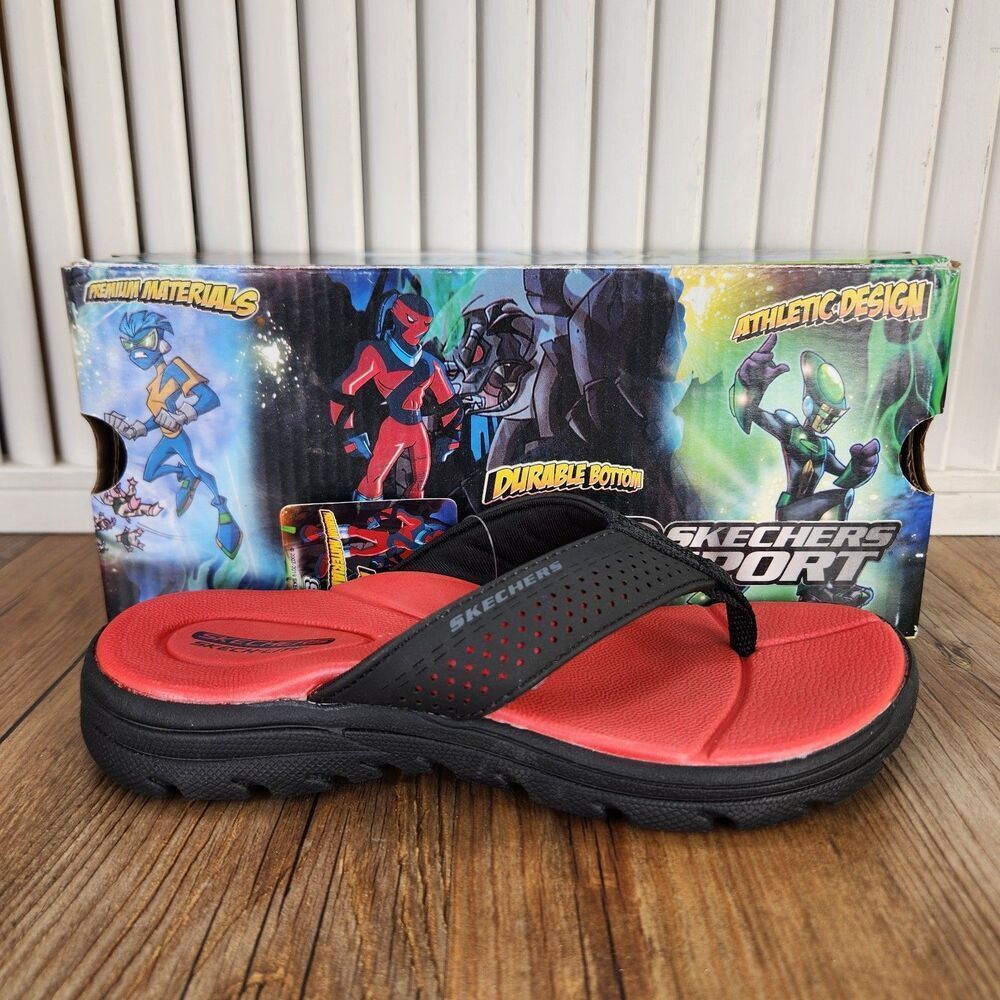 Skechers Sport Supreme Pool Days Flip Flops Boys Size 13 Black Red Beach Sandals